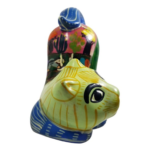 Ceramic Cat Figurine Colorful Red Clay Folk Art Hand Painted Cat Scenic Village - Picture 3 of 12